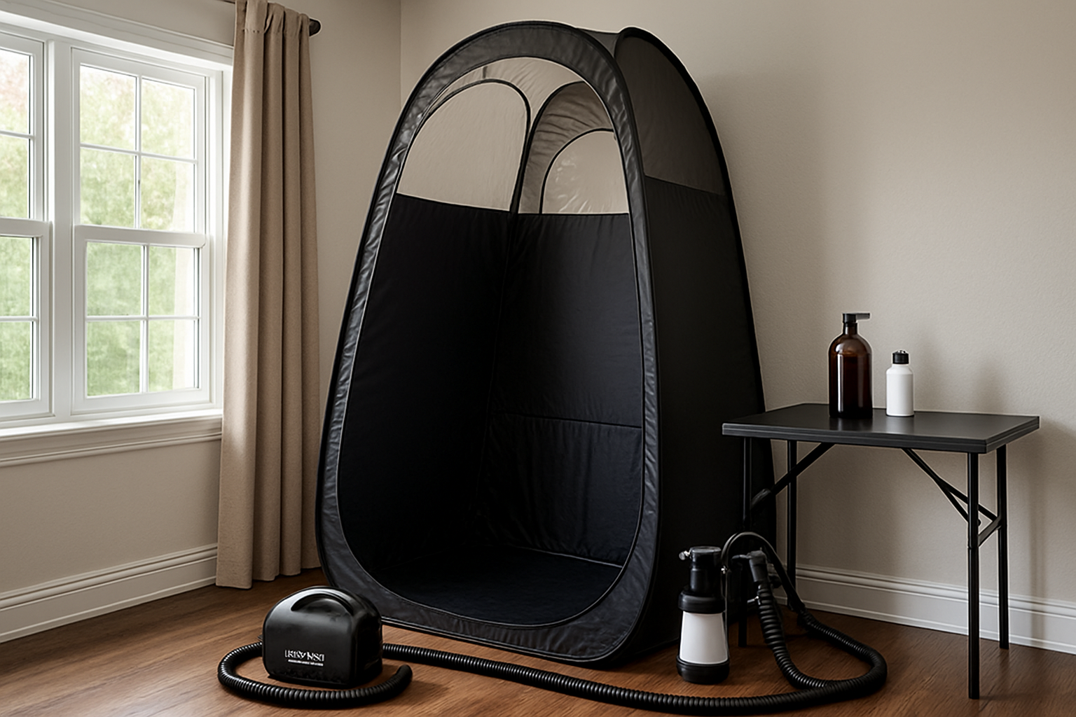 Professional airbrush tanning setup at a clients home