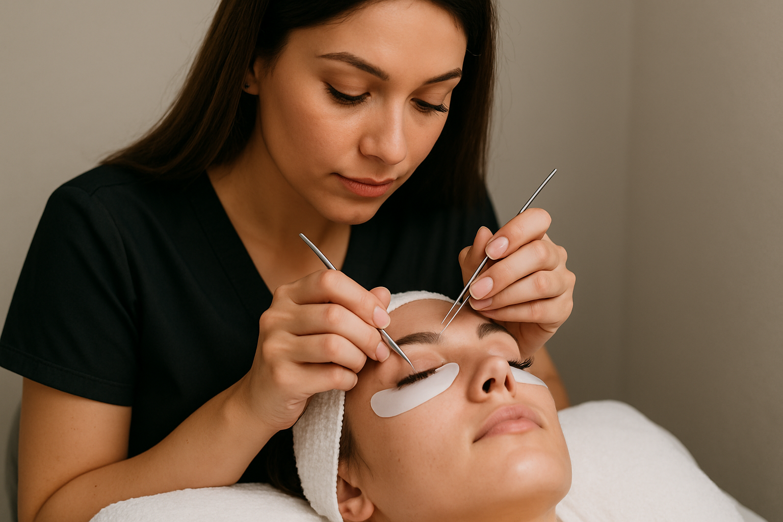 Aesthetician applying eyelash extensions to a client